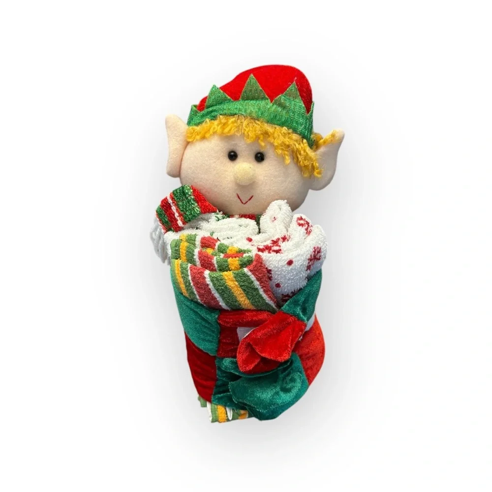 Plush Stuffed Shelf Elf Holding 3 Christmas Tea Towels Kitchen Green Red Holiday